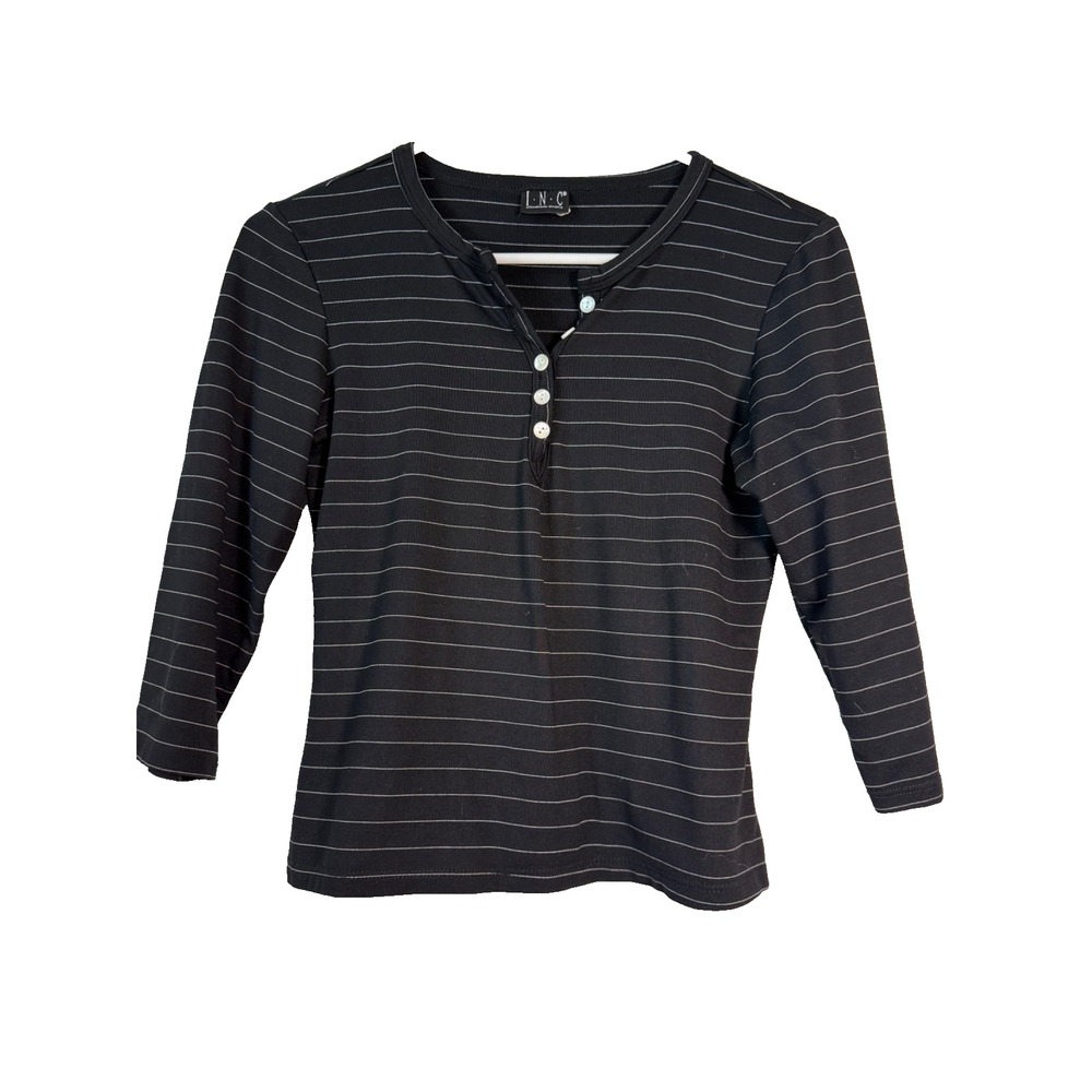 INC International Concepts Women's Black White Stripe Henley Top 3/4 Sleeve Butt
